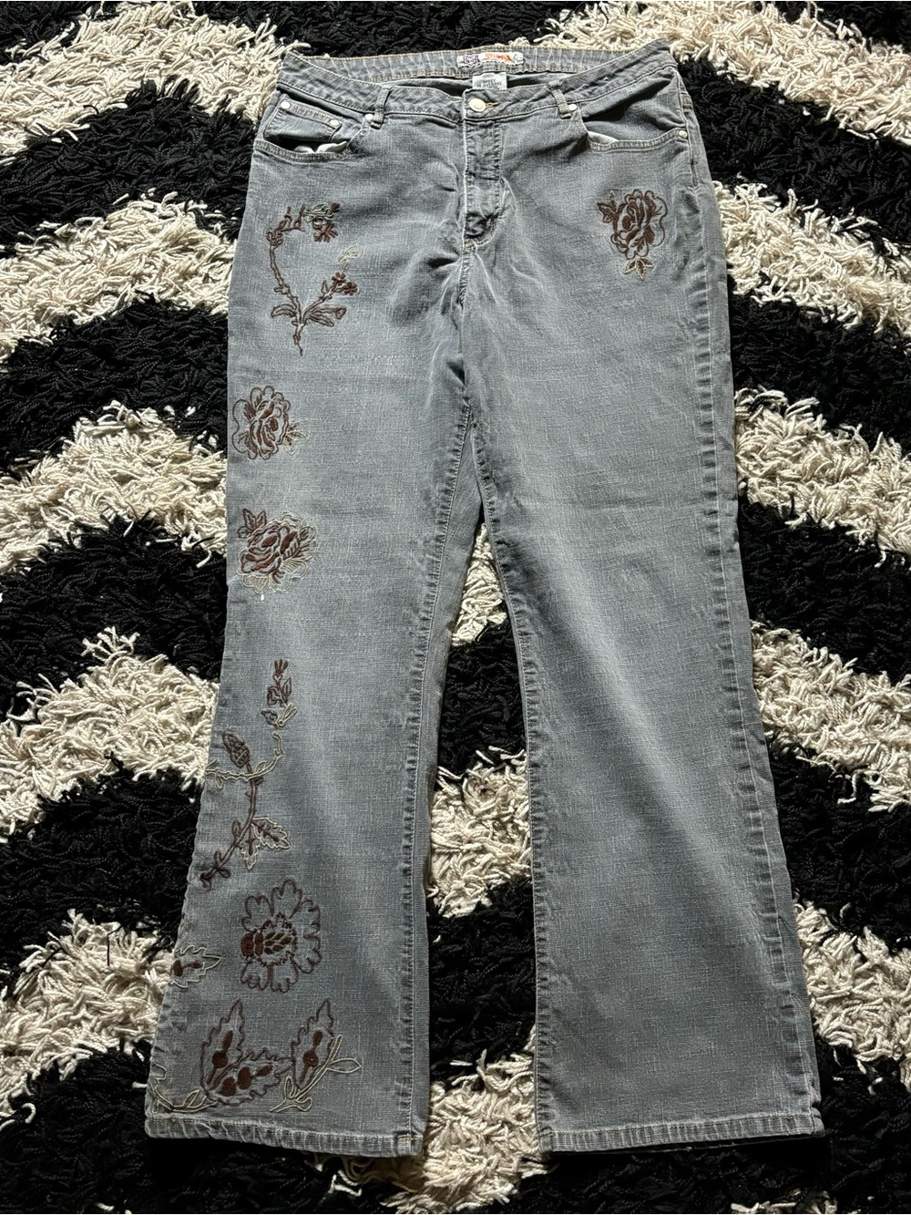 Faded Glory Grey Wash Denim Floral Embroidered High Waisted Wide Leg Jeans